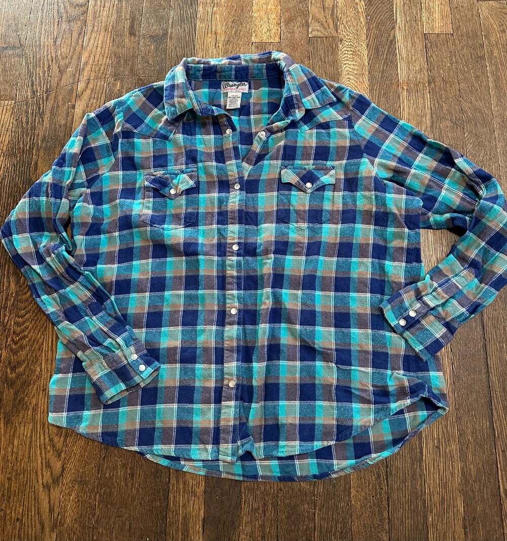 Wrangler Girls XXL Plaid  Flannel Pearl Snap Western Cowgirl Teal Blue